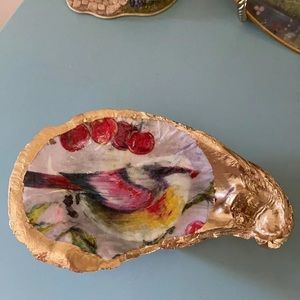 ❗️FIRM❗️Gold Etched Bird Cherries Oyster Shell Trinket Dish